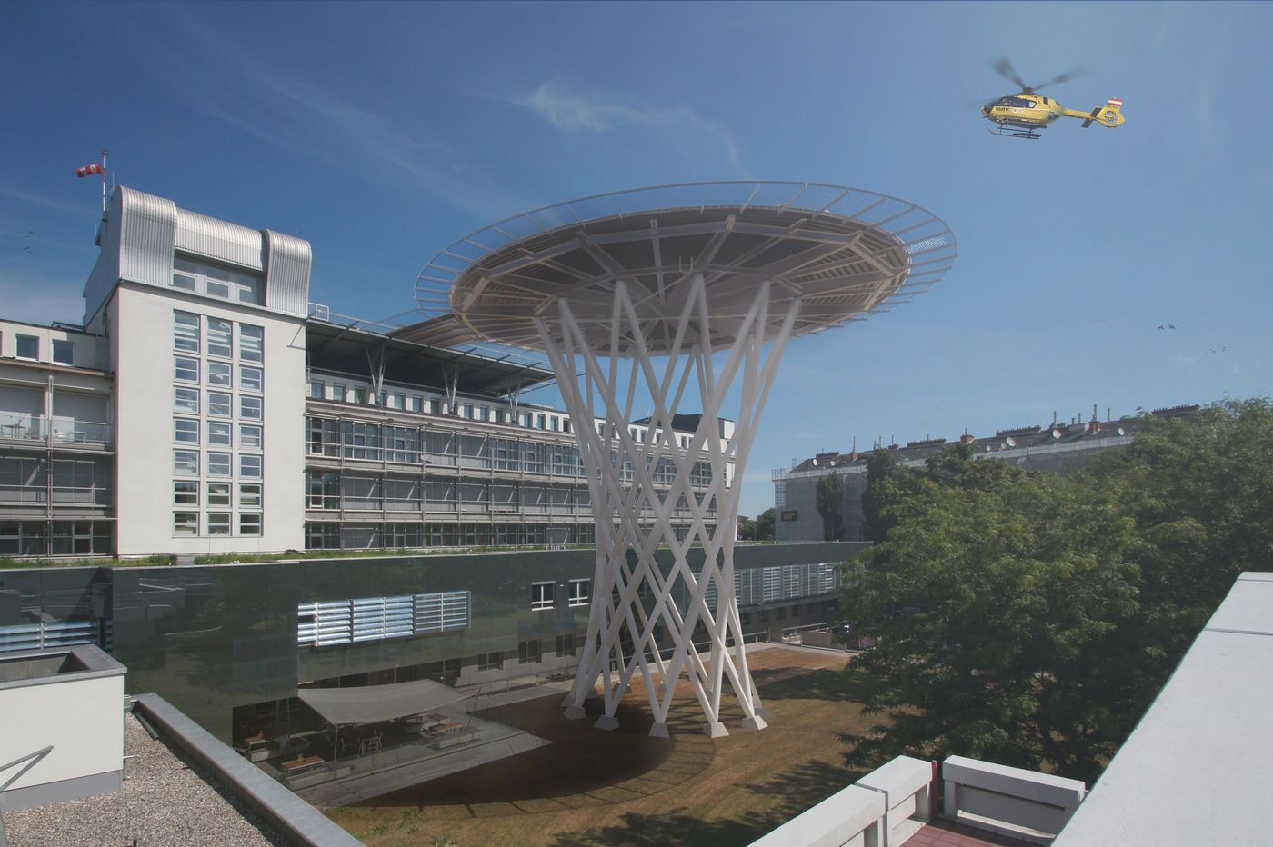 Visualisierung: runde Landeplatttform auf futuristisch wirkender, netzartiger Tragekonstruktion, durch Brücke verbunden mit dem Krankenhaus im Hintergrund; am Himmel ein Hubschrauber im Landeanflug.